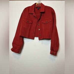 Forever 21, US size small, distressed burnt orange denim jacket.